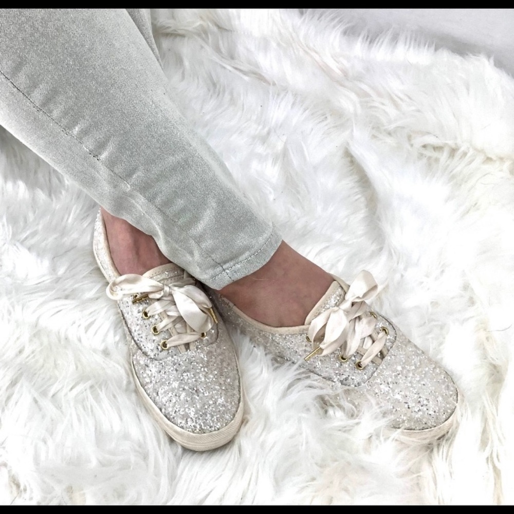 Kate Spade + Keds Sz 6.5 cream glitter satin laces